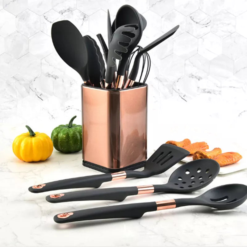 Black Gold Kitchen Cookware Silicone Kitchenware Non Stick plated Cooking Pot Set Spatula Ladle Egg Beaters Shovel Utensils Sets